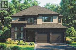 Contemporary residence featuring a prominent gabled roofline, stone facade elements, neutral-toned siding, and a two-car garage with dark paneled doors