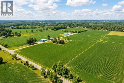 Expansive grounds featuring agricultural fields and a paved road