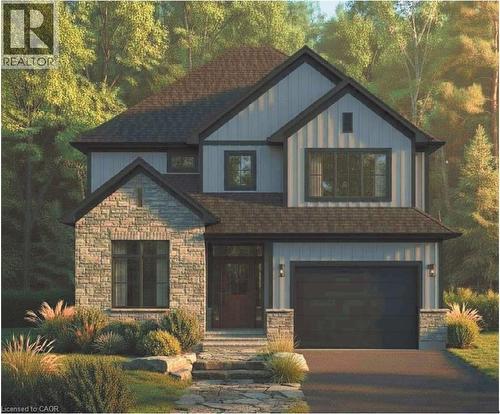 Two-story residence featuring a stone and vertical siding facade, dark framed windows, an integrated garage with sconce lighting, a stone pathway, and mature landscaping