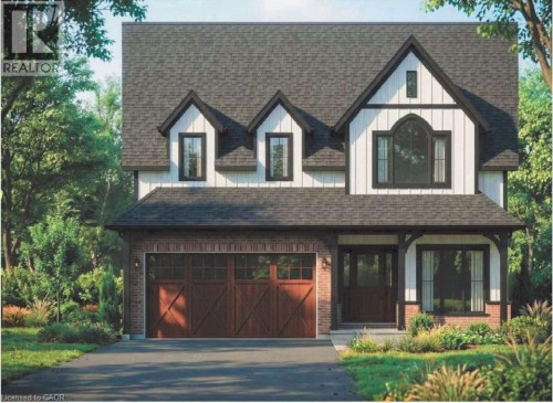 Modern farmhouse-style facade featuring a dark shingle roof and white vertical siding