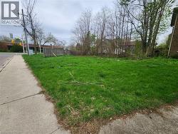 Expansive grass lot featuring mature perimeter trees and a sidewalk border