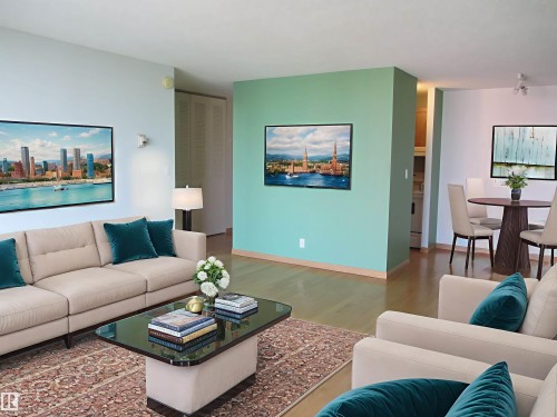 Living room with wood finished floors and baseboards