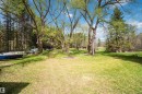 Expansive grassy area with mature deciduous trees, a woodland backdrop, and a visible fire pit
